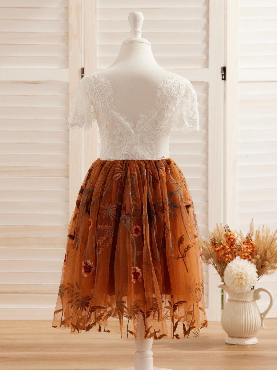 NumberSea - Burnt Orange White Lace Tulle Embroidered Knee Length Flower Girl Dress