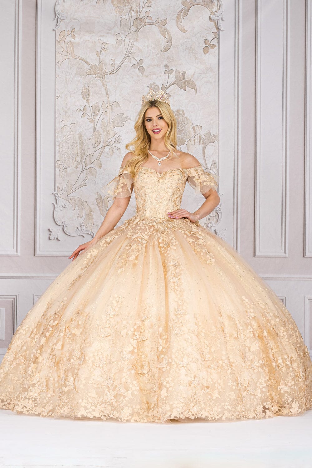 Butterfly Applique Off Shoulder Ball Gown by Petite Adele PQ1021