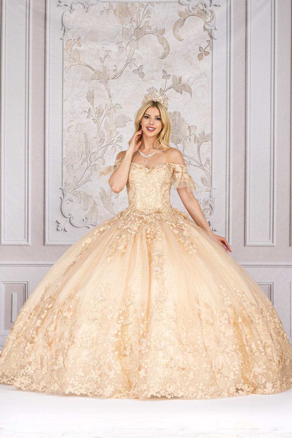 Butterfly Applique Off Shoulder Ball Gown by Petite Adele PQ1021