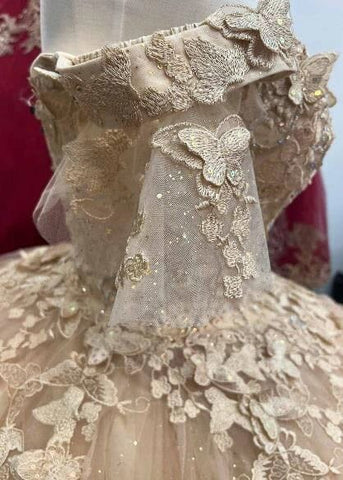 Schulterfreies Ballkleid mit Schmetterlingsapplikation von Petite Adele PQ1021