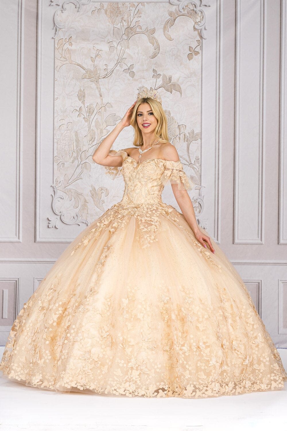 Butterfly Applique Off Shoulder Ball Gown by Petite Adele PQ1021