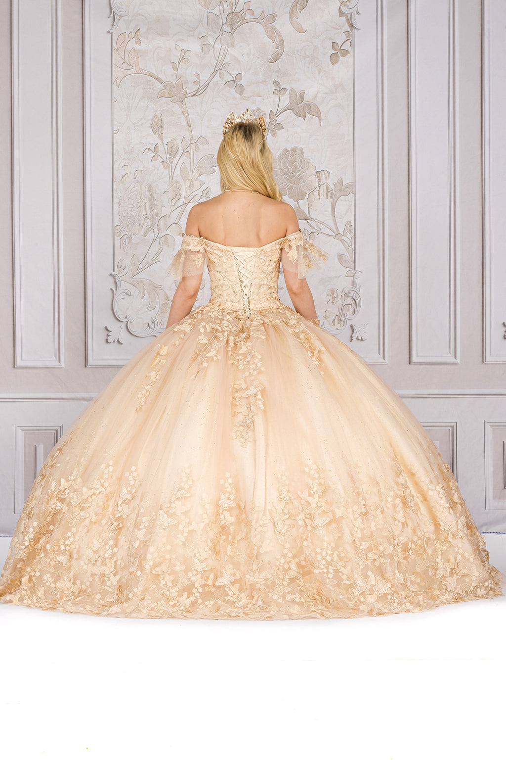 Butterfly Applique Off Shoulder Ball Gown by Petite Adele PQ1021