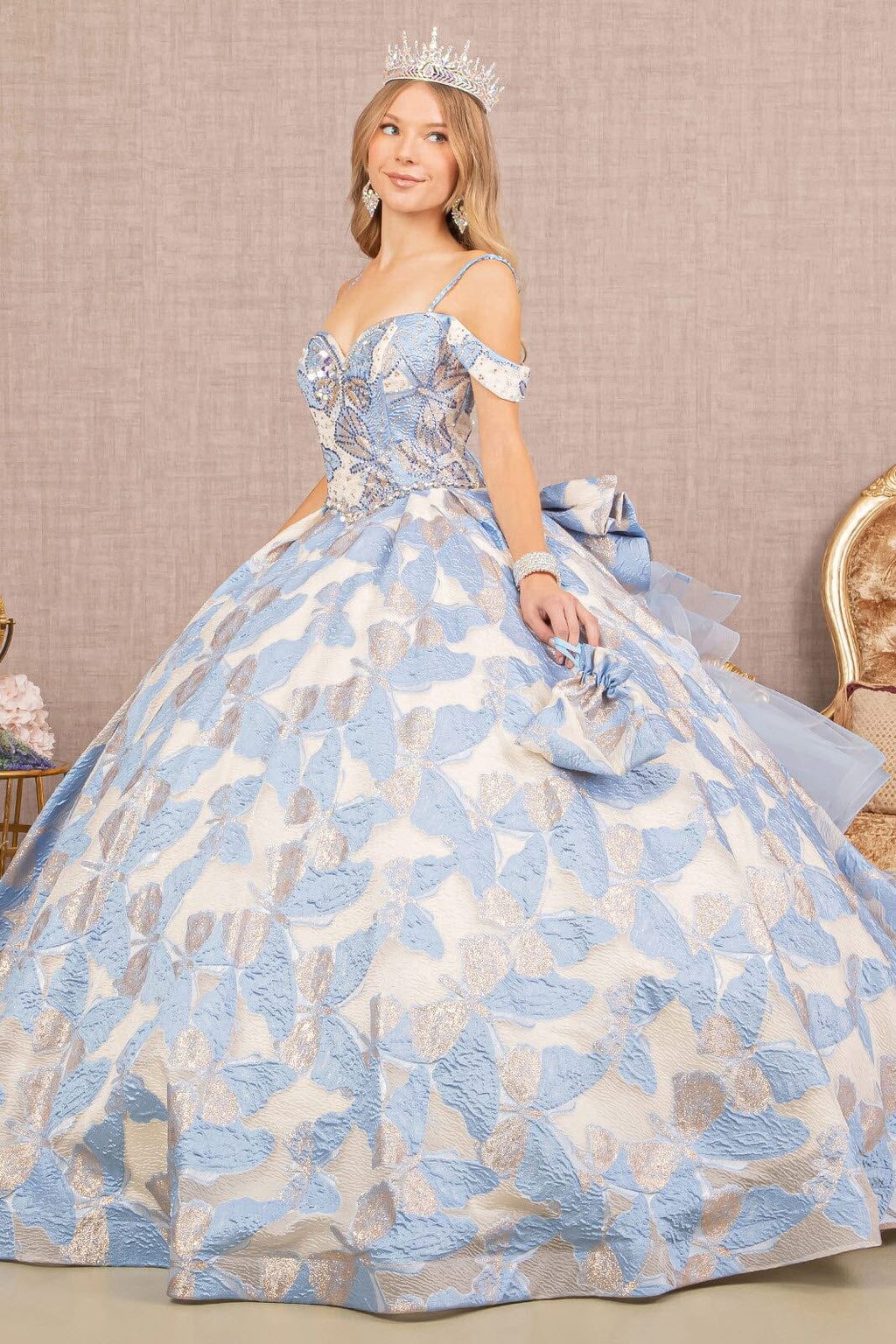 Butterfly Print Ruffled Ball Gown by Elizabeth K GL3174
