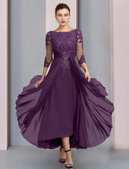 Vestido tubinho/coluna para mãe da noiva, festa de casamento, elegante, decote redondo, comprimento até ao tornozelo, chiffon, renda, manga 3/4 com pregas, lantejoulas