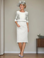 Zweiteiliges, elegantes, knielanges Satin-Polyester-Kleid mit halblangen Ärmeln und kurzen Jacken und Kristallen, Kleid für die Brautmutter