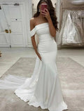 Empfang Sexy Brautkleider Meerjungfrau/Trompete Schulterfrei Flügelärmeln Sweep/Pinsel Schleppe Stretch-Stoff Brautkleider Mit Volltonfarbe