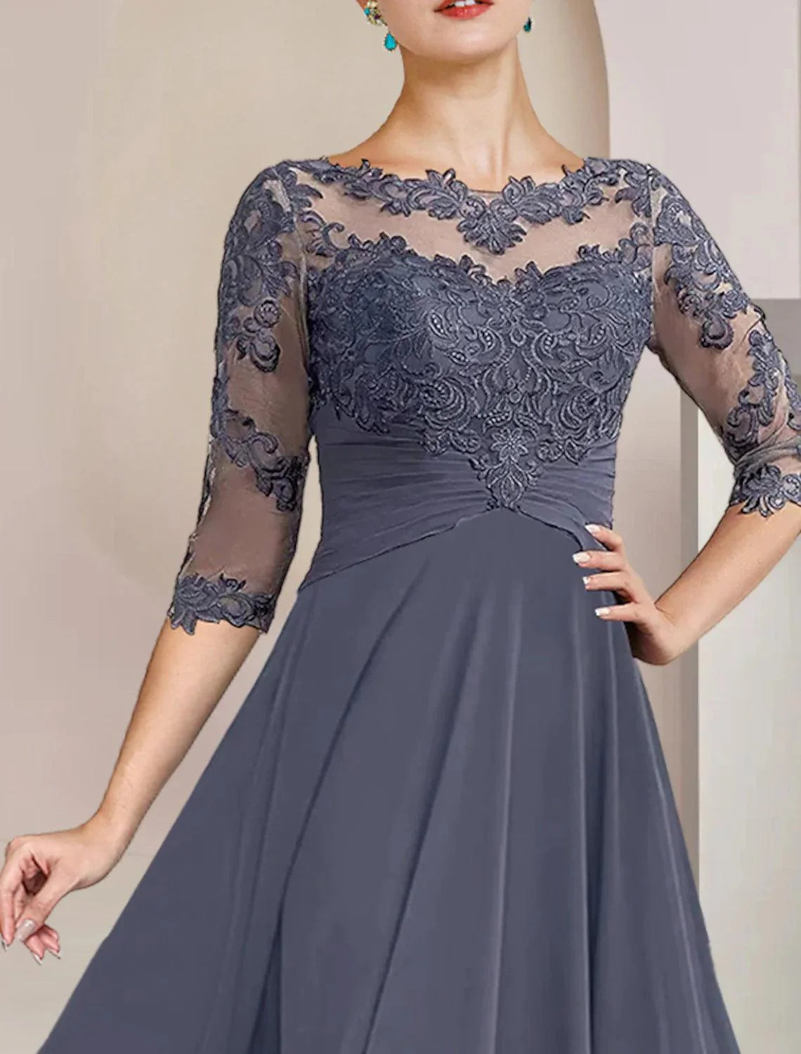 Vestido de mãe da noiva em duas peças, corte A, formal, para convidada de casamento, elegante, decote redondo, comprimento chá, chiffon, renda, manga 3/4, envoltório, incluído com aplicações e franzidos