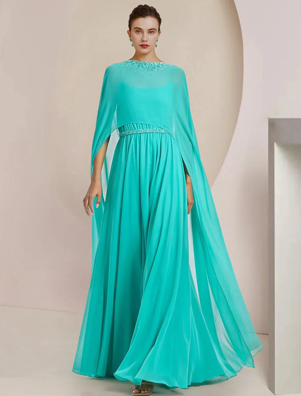 Macacão de duas peças, macacão/calças, vestido de cerimónia para mãe da noiva, convidada de casamento, elegante, decote redondo, comprimento chá, chiffon, sem mangas, com aplicações de missangas