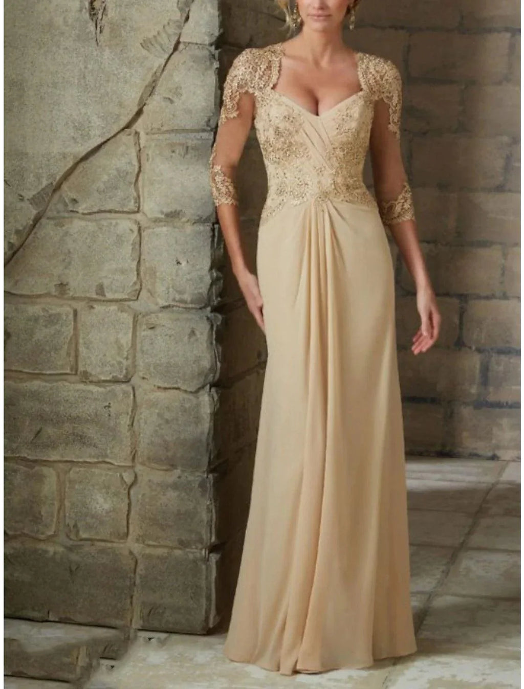 Vestido/coluna de corte direito para mãe da noiva, convidada de casamento, elegante, decote em V, cauda/escova comprida, chiffon, renda, manga 3/4 com franzido, cor sólida