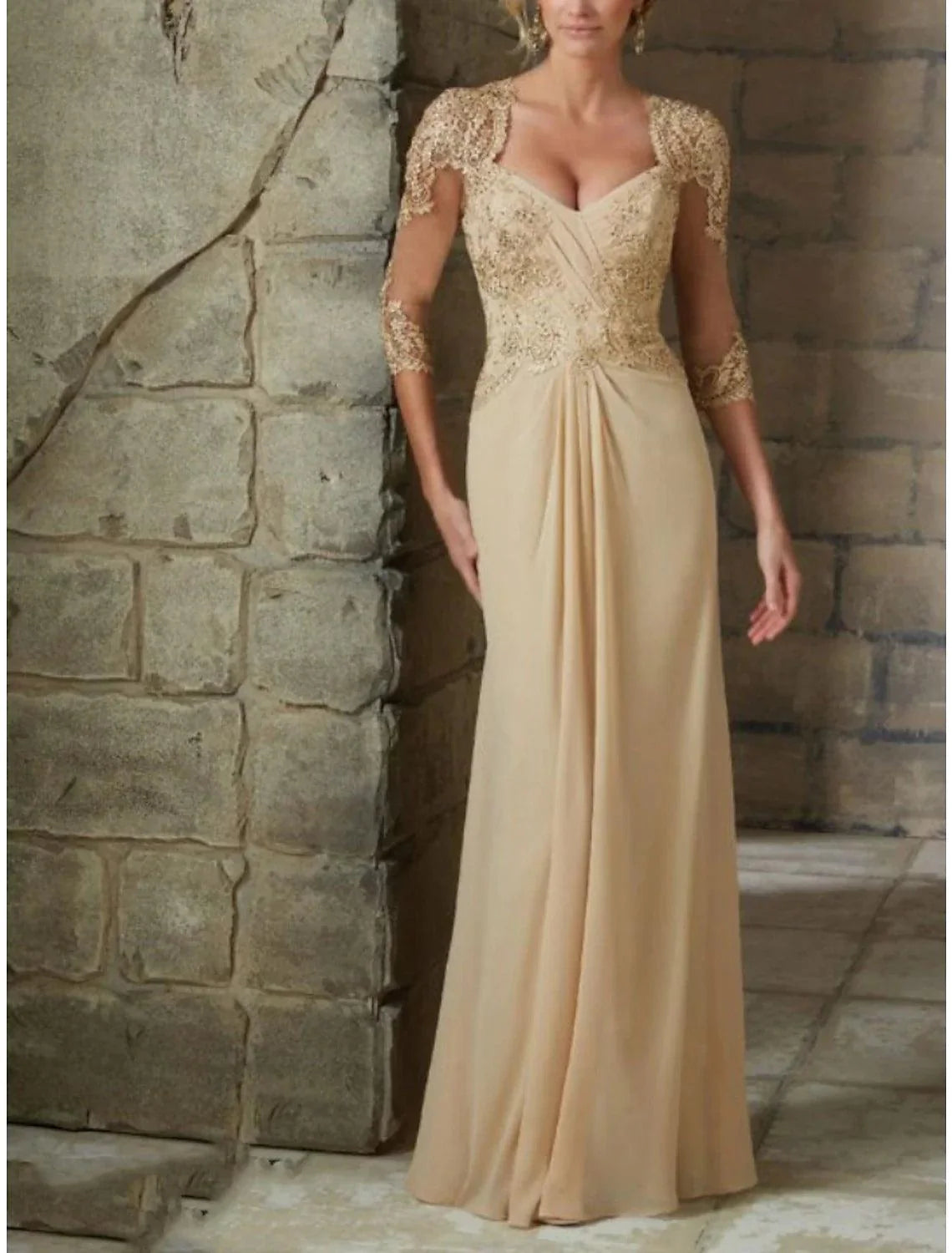 Vestido/coluna de corte direito para mãe da noiva, convidada de casamento, elegante, decote em V, cauda/escova comprida, chiffon, renda, manga 3/4 com franzido, cor sólida