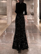 Vestido tubinho/coluna para mãe da noiva, festa de casamento, brilho e cintilante, pequeno, decote em V, comprimento até ao chão, veludo com lantejoulas, meia manga e botões