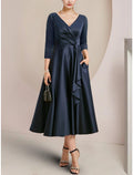 Numbersea A-Linien-Kleid für die Mutter der Braut, Hochzeitsgast, elegant, zierlich, V-Ausschnitt, knielang, Satin, 3/4-Ärmel mit Rüschen, einfarbig