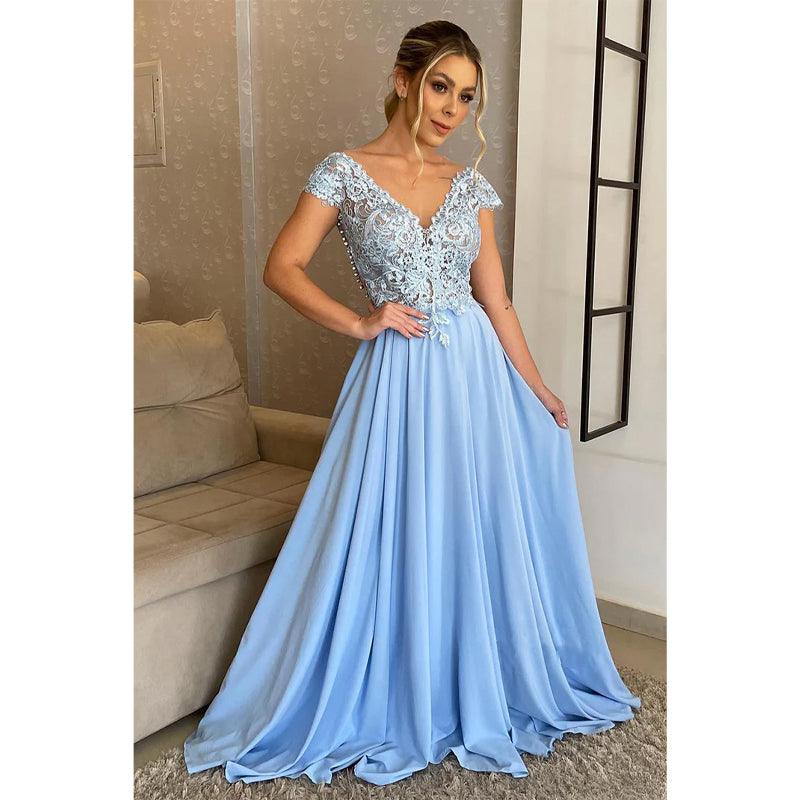 Vestido de noite comprido, sexy, com decote em V e renda, corte A, tamanho grande, para mãe da noiva 