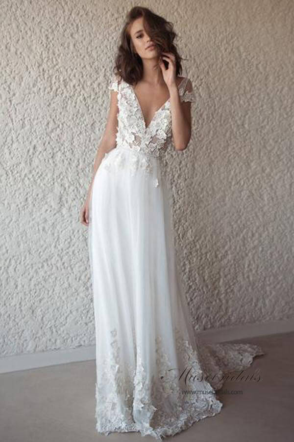 Ivory See-through Cap Sleeves Boho Wedding Dresses, Beach Wedding Dress, MW518