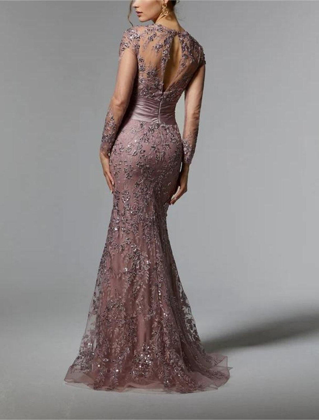 Vestido para mãe da noiva, convidada de casamento, elegante, decote em joia, cauda comprida em cetim elástico com renda e lantejoulas