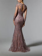 Vestido para mãe da noiva, convidada de casamento, elegante, decote em joia, cauda comprida em cetim elástico com renda e lantejoulas