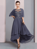 Abito Due Pezzi A-Line per Madre della Sposa, Invitata di Nozze Formale, Elegante Scollo a Barchetta Lunghezza Asimmetrica Tea Length Chiffon Pizzo Manica Corta con Avvolgimento Incluso, Applicazioni con Perline