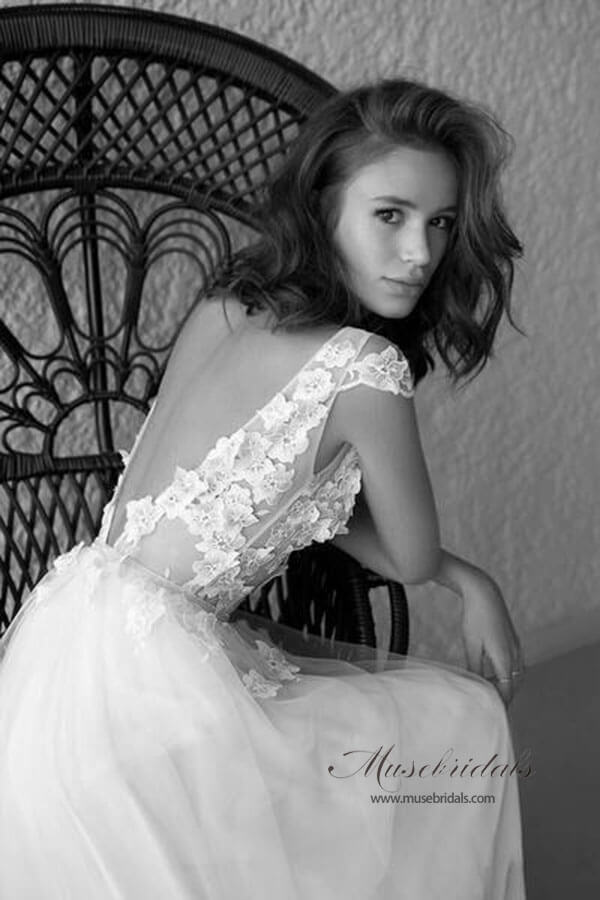 Ivory See-through Cap Sleeves Boho Wedding Dresses, Beach Wedding Dress, MW518