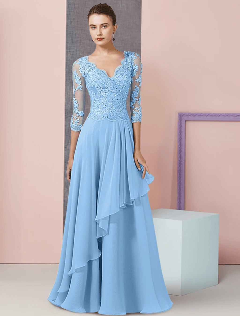 Vestido de mãe da noiva em duas peças, corte A, formal, para festa de casamento, elegante, decote em V, comprimento até ao chão, chiffon, renda, manga curta, com aplicações de lantejoulas e missangas