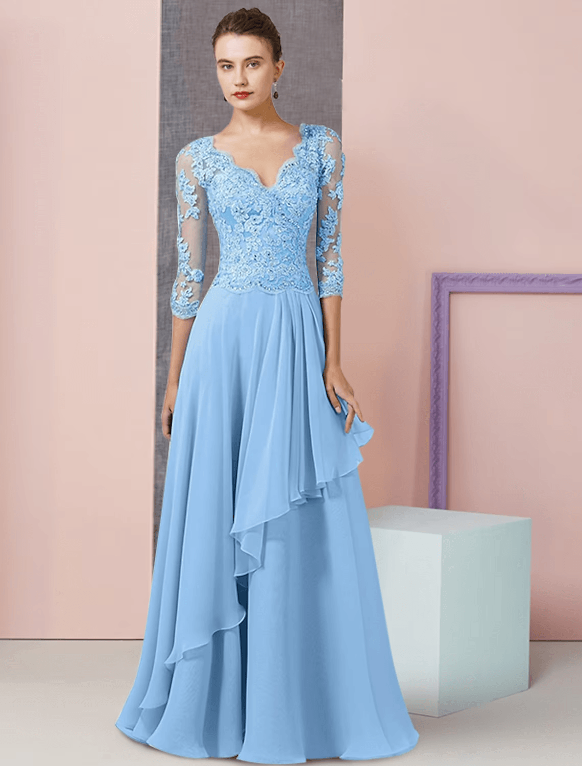 Vestido de mãe da noiva em duas peças, corte A, formal, para festa de casamento, elegante, decote em V, comprimento até ao chão, chiffon, renda, manga curta, com aplicações de lantejoulas e missangas