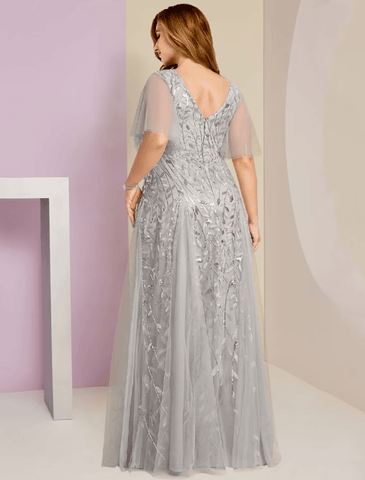 Plus Size Curve Kleid für die Mutter der Braut, Party, Sparkle &amp; Shine, V-Ausschnitt, bodenlang, Spitze, Tüll, kurze Ärmel mit Falten, Pailletten