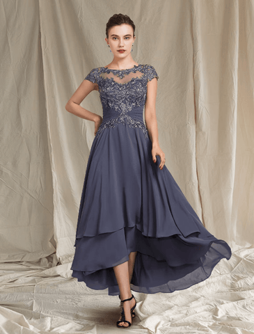 Zweiteiliges A-Linien-Kleid für die Mutter der Braut, formeller Hochzeitsgast, eleganter U-Ausschnitt, asymmetrische Wadenlänge, Chiffon-Spitze, kurze Ärmel, Wickelkleid inklusive Perlenapplikationen