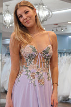 Lilac Sweetheart Chiffon Long Prom Dresses with Appliques