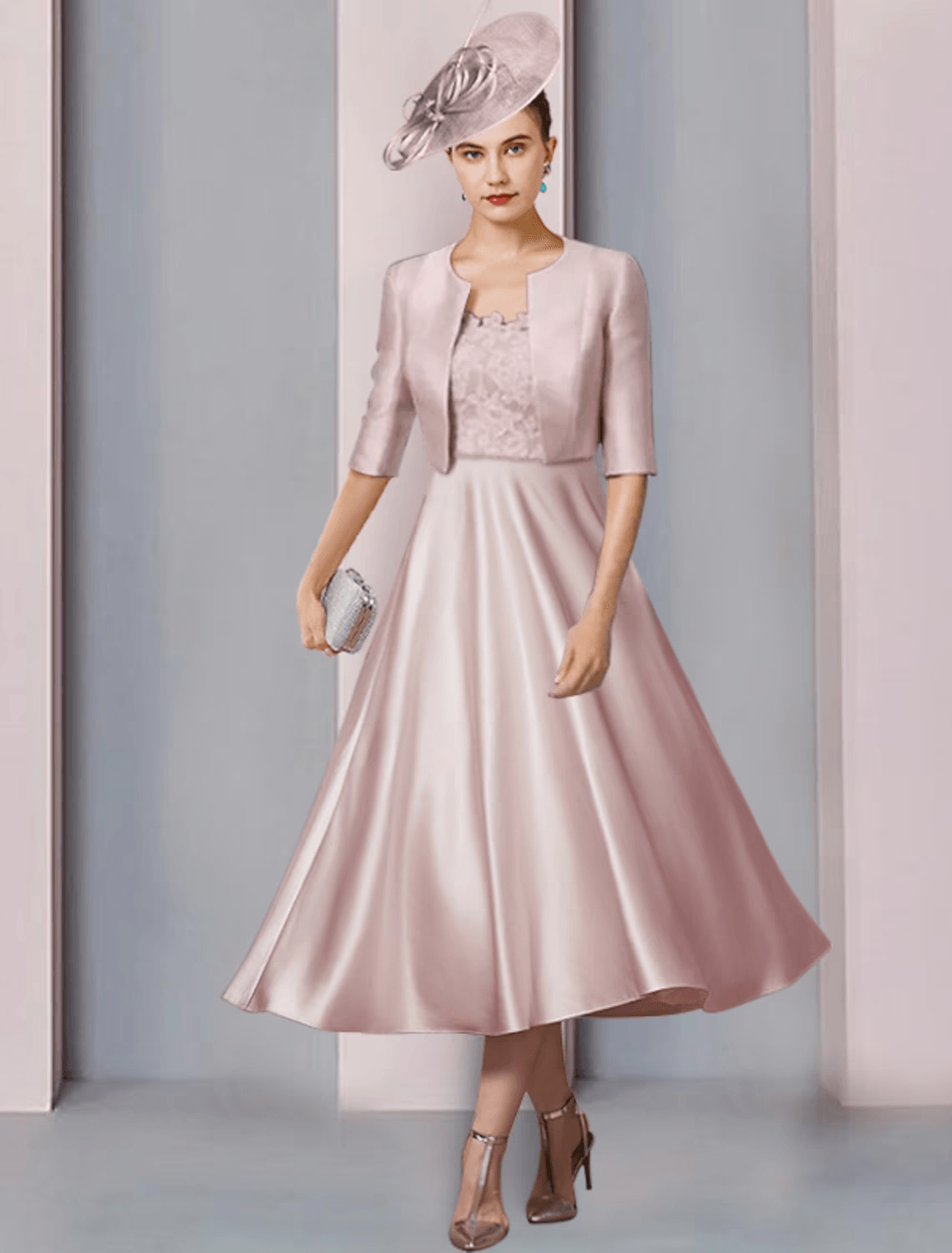 Vestido de mãe da noiva em duas peças, corte A, para convidada de casamento, festa na igreja, elegante, decote redondo, comprimento chá, cetim, renda, meia manga com pregas