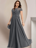 Vestido de mãe da noiva plus size, elegante, com decote em joia, comprimento até ao chão, em chiffon e renda, manga curta com pregas e lantejoulas