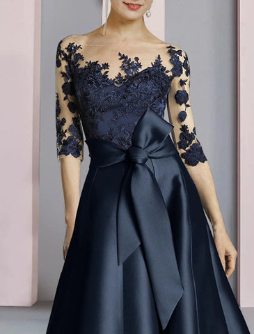 Mutter der Braut Kleid Hochzeit Gast Elegante Party Hals Knöchel Länge Satin Spitze Halbe Ärmel