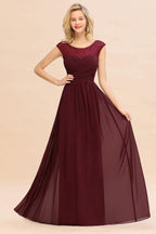 Cap Sleeve Burgundy Evening Maxi Gown Chiffon Floor Length Bridesmaid Dress