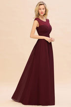 Cap Sleeve Burgundy Evening Maxi Gown Chiffon Floor Length Bridesmaid Dress