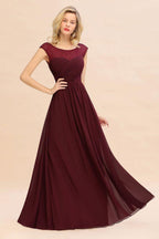 Cap Sleeve Burgundy Evening Maxi Gown Chiffon Floor Length Bridesmaid Dress