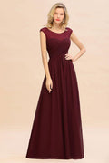 Abito da damigella d'onore in chiffon, manica a cap, color bordeaux, lungo fino al pavimento, per cerimonia serale