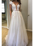 Robe de bal à manches courtes et décolleté profond en V avec appliqués, robe de mariée sexy fendue, OL651