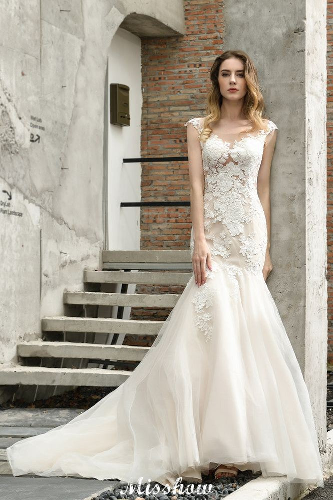 Robe de mariée sirène à manches chauve-souris en dentelle blanche/ivoire avec motif floral de jardin