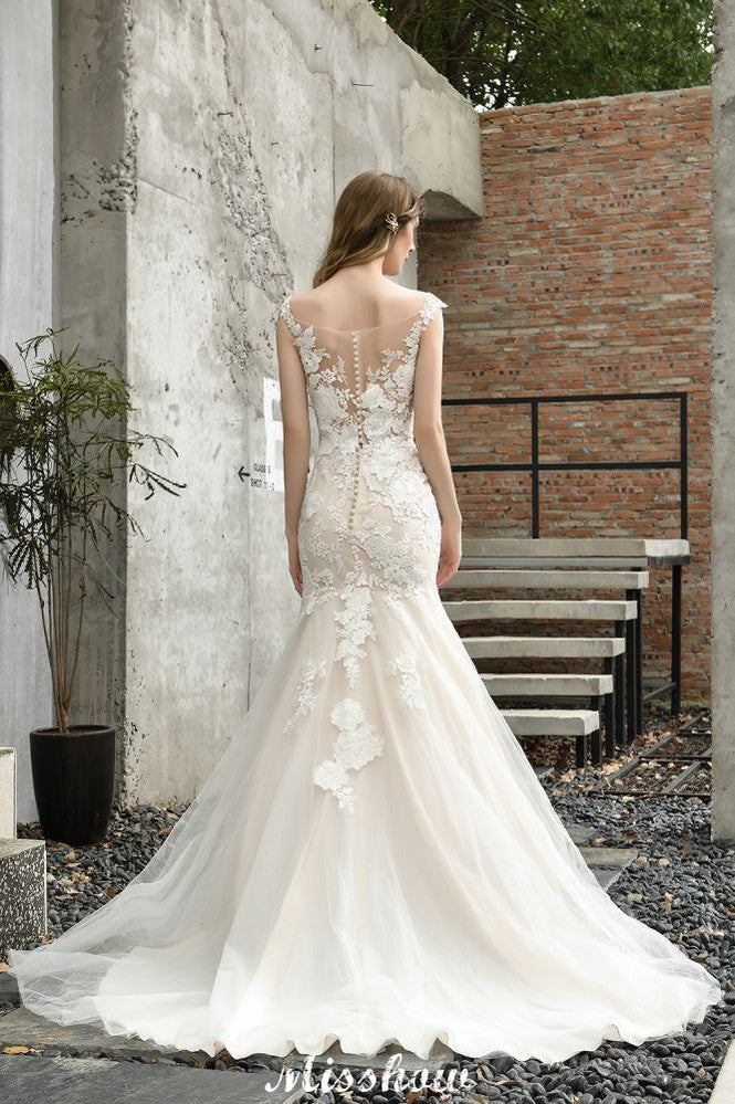 Robe de mariée sirène à manches chauve-souris en dentelle blanche/ivoire avec motif floral de jardin