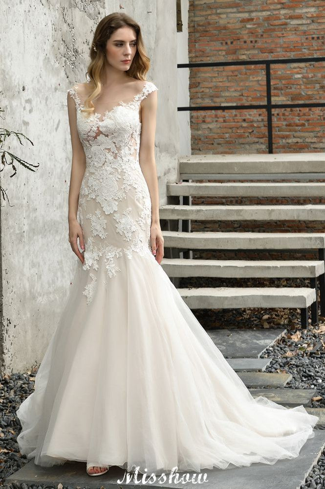 Kapärmeliges Spitzen-Meerjungfrauen-Brautkleid Weiß/Elfenbein Blütengarten Brautkleid