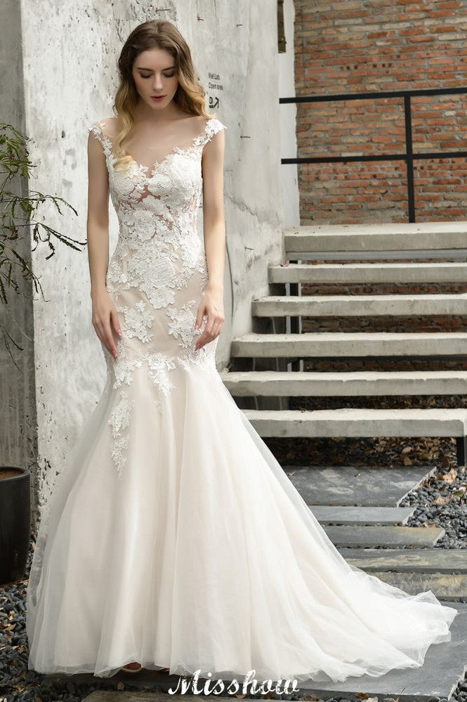 Kapärmeliges Spitzen-Meerjungfrauen-Brautkleid Weiß/Elfenbein Blütengarten Brautkleid