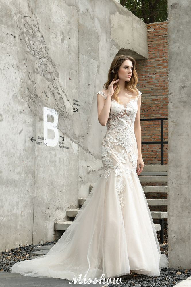 Robe de mariée sirène à manches chauve-souris en dentelle blanche/ivoire avec motif floral de jardin