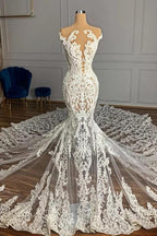 Vestido de Noiva Longo Mermaid de Luxo Decote Joia em Tule com Aplicações de Missangas e Renda