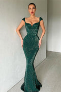 Vestidos de Fiesta Formales Largos de Sirena en Verde Oscuro con Escote Corazón