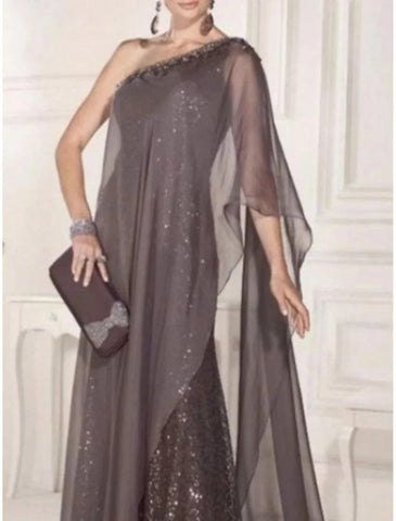 Cape-Kleid für Hochzeitsgäste, elegant, Party, funkelnd und glänzend, eine Schulter, Sweep/Pinselzug, Chiffon, Spitze, ärmellos mit Falten, Pailletten, Kleider für die Brautmutter