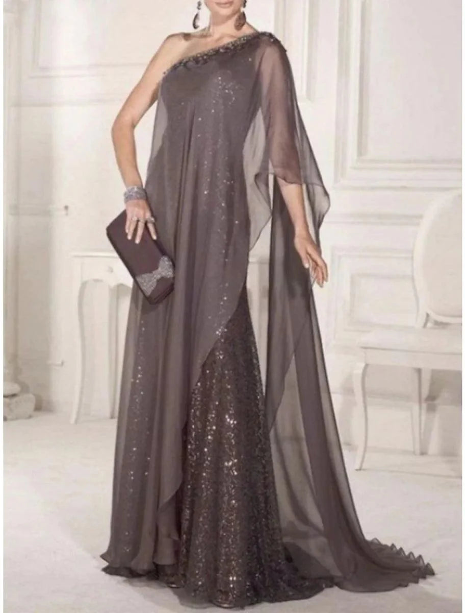 Cape Dress Wedding Guest Elegant Party Sparkle & Shine One Shoulder Sweep / Brush Train Chiffon Lace Sleeveless with Pleats Sequin Mother of the Bride Dresses