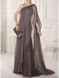 Vestido de capa para convidada de casamento, elegante, festa, brilho e cintilante, um ombro só, cauda longa/escovada, chiffon, renda, sem mangas, com pregas, lantejoulas, vestidos para mãe da noiva