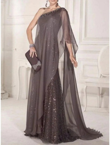 Cape-Kleid für Hochzeitsgäste, elegant, Party, funkelnd und glänzend, eine Schulter, Sweep/Pinselzug, Chiffon, Spitze, ärmellos mit Falten, Pailletten, Kleider für die Brautmutter