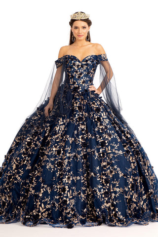 Ballkleid mit 3D-Blumen und Cape-Ärmeln von Elizabeth K GL1970