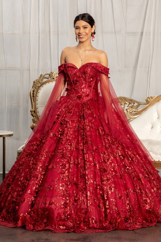 Ballkleid mit 3D-Blumen und Cape-Ärmeln von Elizabeth K GL1970