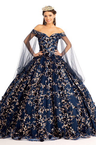 Ballkleid mit 3D-Blumen und Cape-Ärmeln von Elizabeth K GL1970