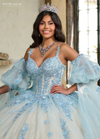 Quinceanera-Kleid mit Cape-Ärmeln von Rachel Allan RQ1133